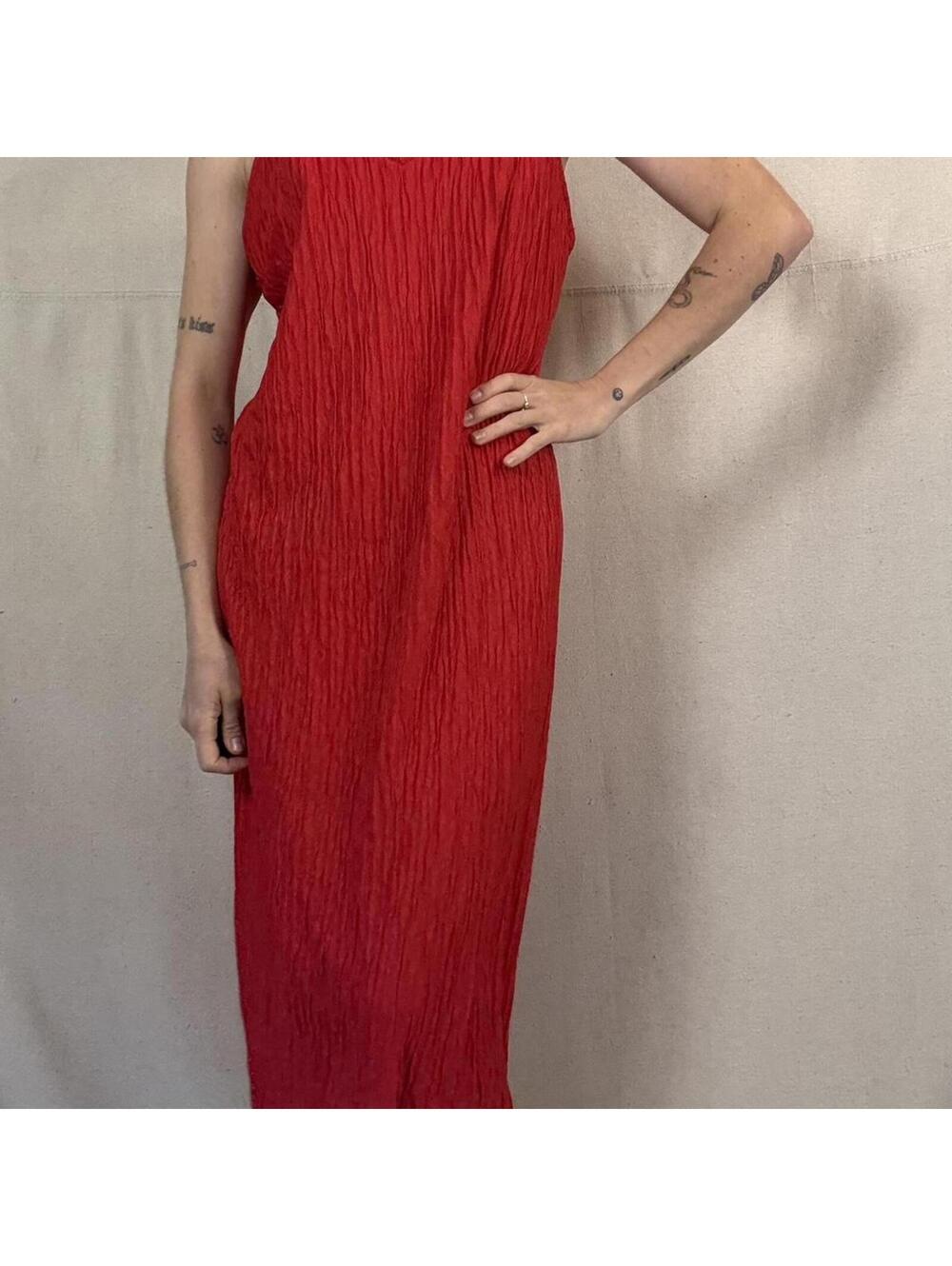 Red pleated maxi slip dress and a flowy, boho vibe